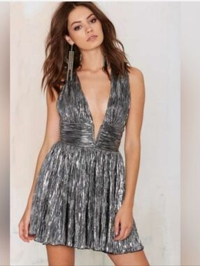 Nasty Gal Silver V-Neck Metallic Mini Dress Disco Retro Glamour Nigth Out